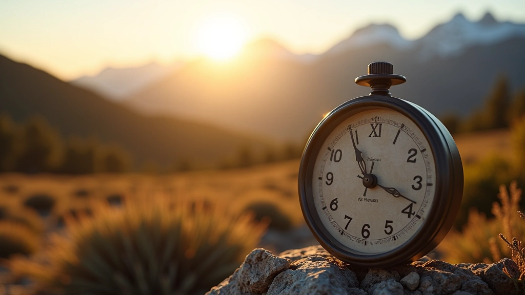 Reloj de arena representando el tiempo de caminata en el Bosque Petrificado, con luz natural cálida