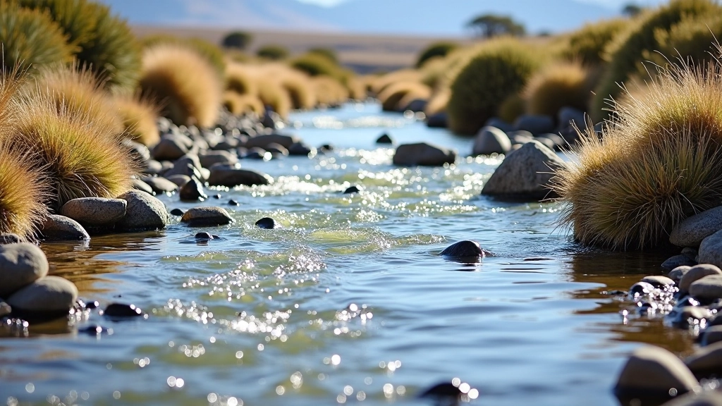 Arroyo de agua clara fluyendo entre rocas en la estepa con vegetación baja alrededor