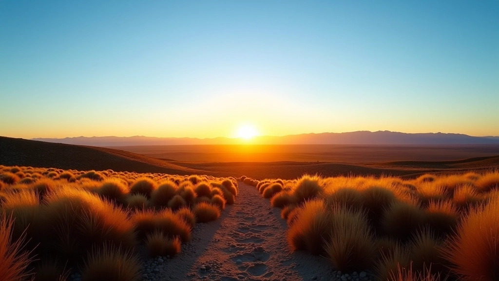 Cielo despejado con tonos azules y dorados al amanecer sobre llanura de la Patagonia, sendero visible en primer plano con luz rasante