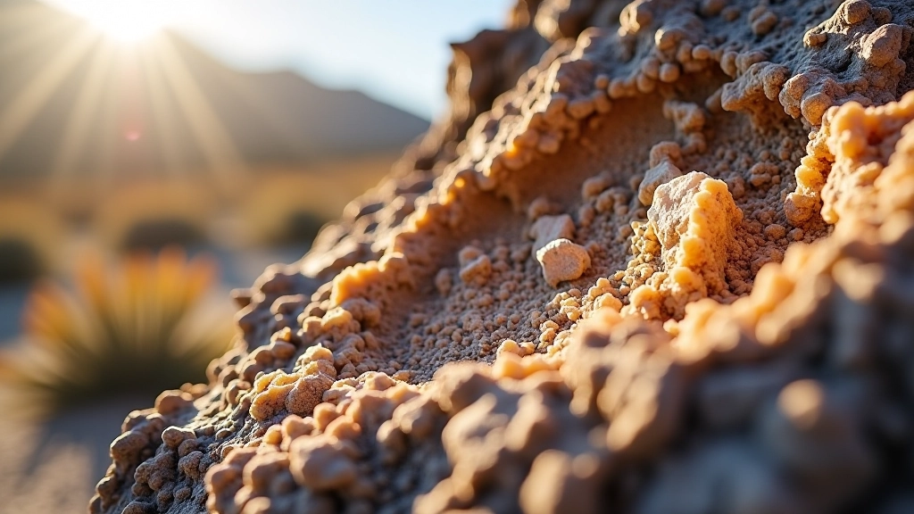 Detalle de tronco fosilizado con cristales de cuarzo brillando bajo la luz del sol en el Bosque Petrificado de Santa Cruz