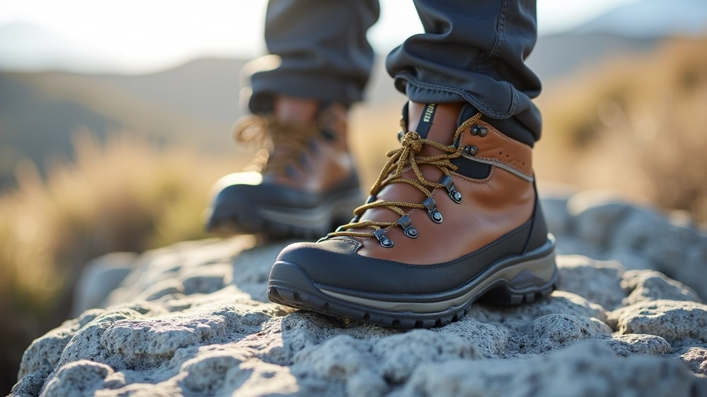 Detalle de botas de trekking de alta calidad sobre roca gris, suela con buen agarre visible, luz natural de la mañana