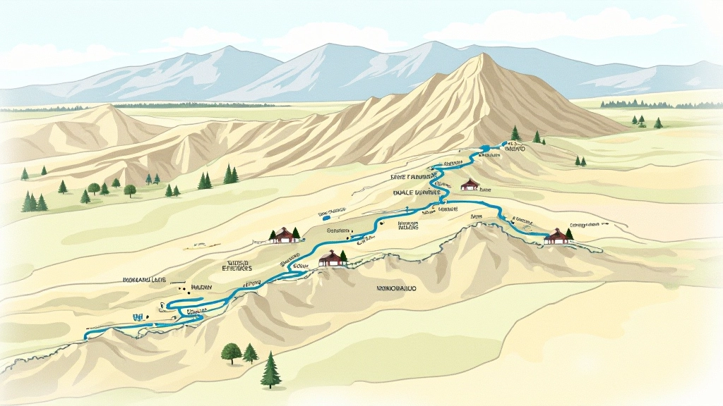 Mapa topográfico simple del Circuito de la Estepa mostrando el sendero principal, puntos de agua y refugios