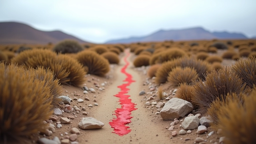 Sendero bien marcado en la estepa patagónica con marcas de pintura roja en las rocas, hierba seca y arbustos bajos a ambos lados