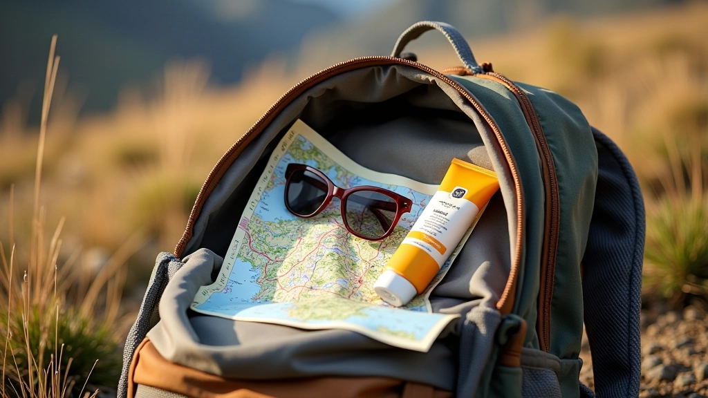 Mochila de senderismo abierta sobre fondo natural, protector solar, gafas de sol, mapa impreso, snacks saludables organizados dentro