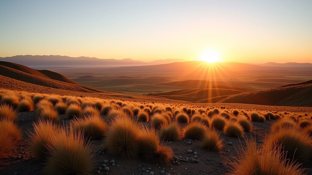 Vista panorámica del horizonte de la estepa patagónica con colores naturales al atardecer