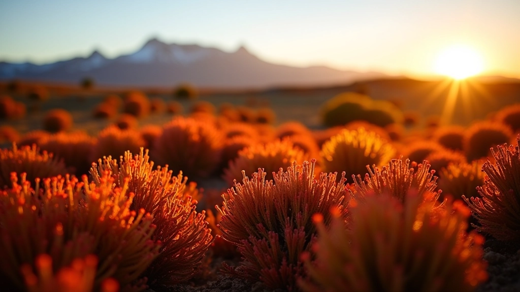 Vegetación de estepa con tonos otoñales de rojo y naranja bajo luz dorada de final de tarde