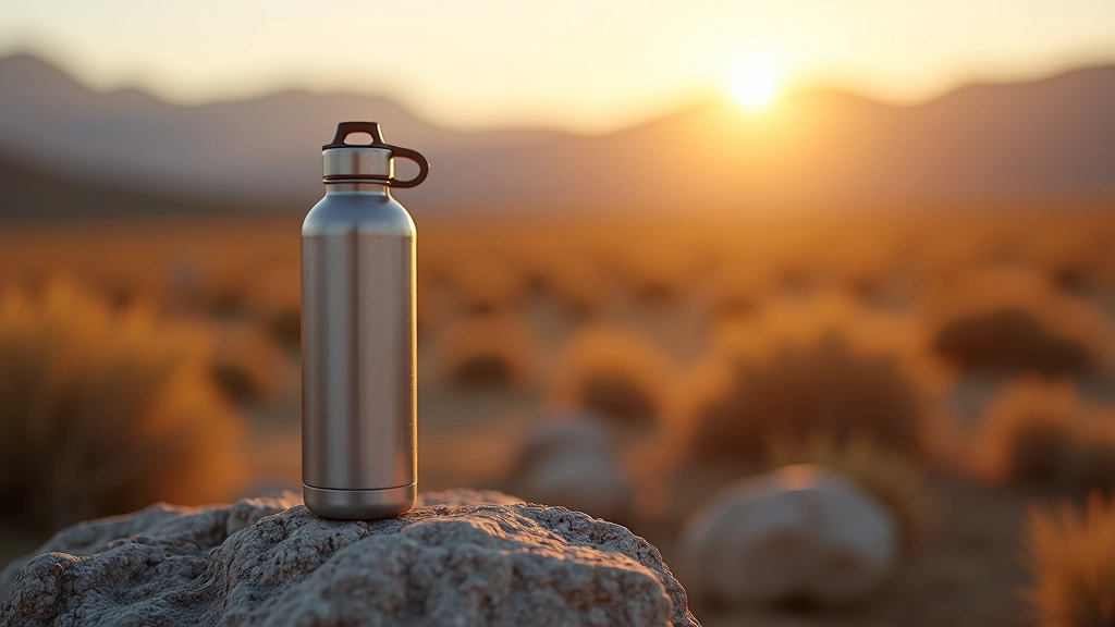 Botella de agua reutilizable en primer plano sobre una roca, fondo borroso de paisaje árido de la Pastepa, luz del atardecer dorada