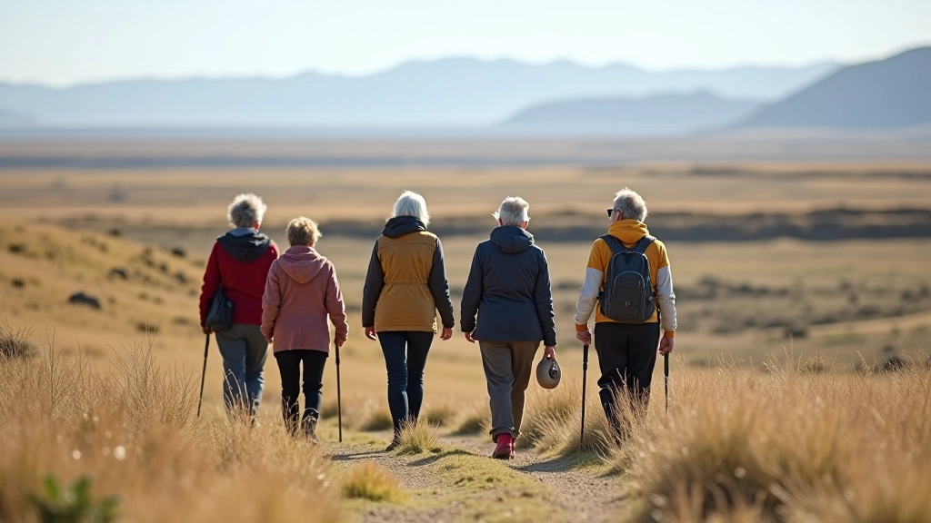 Grupo de personas jubiladas disfrutando de una parada en la caminata con vistas al paisaje