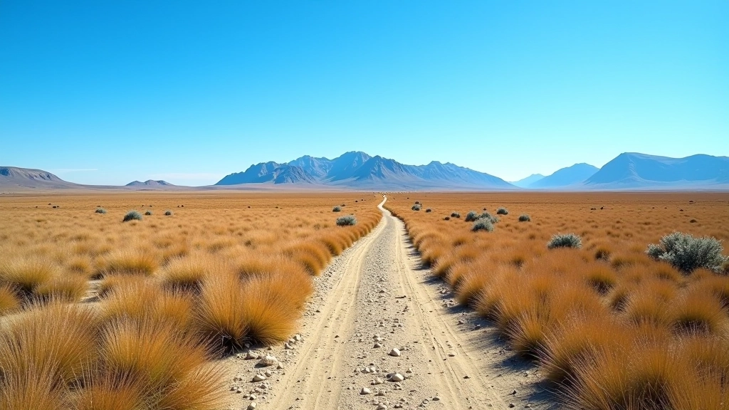 Sendero despejado bajo cielo azul claro con montañas lejanas durante día soleado de verano patagónico