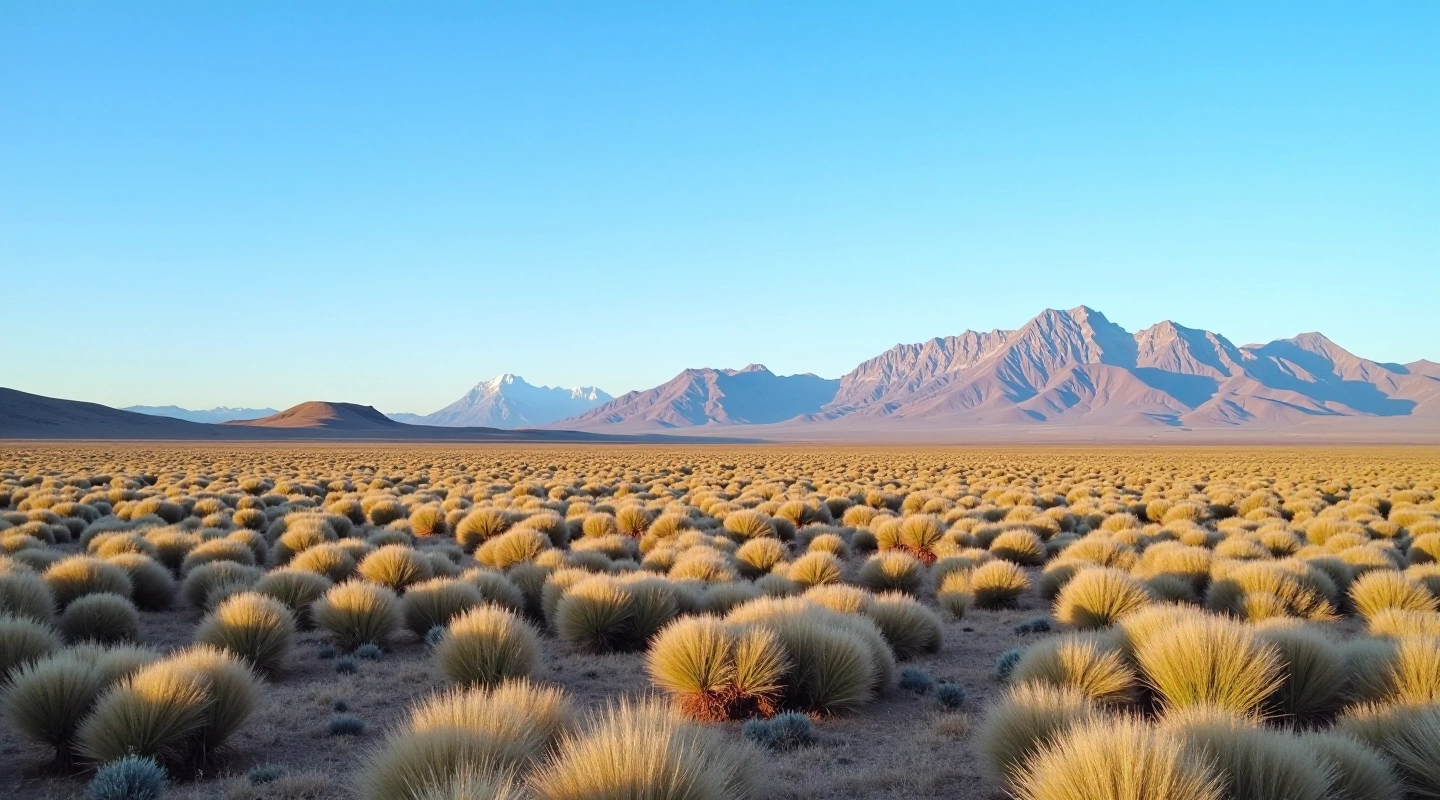 Paisaje amplio de la estepa patagónica con arbustos bajos y montañas al fondo bajo cielo despejado